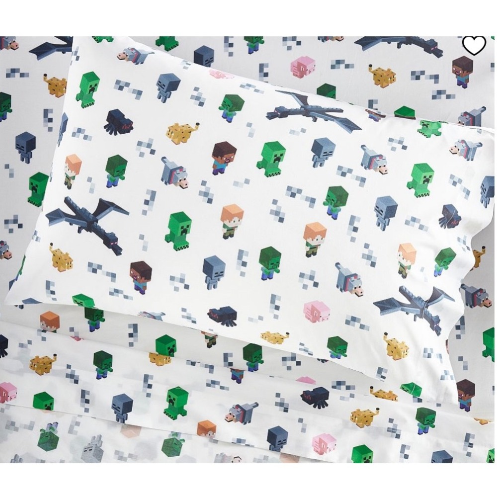 Pottery Barn Kids Minecraft Organic Cotton Twin Sheet Set Fitted Flat Pillowcase